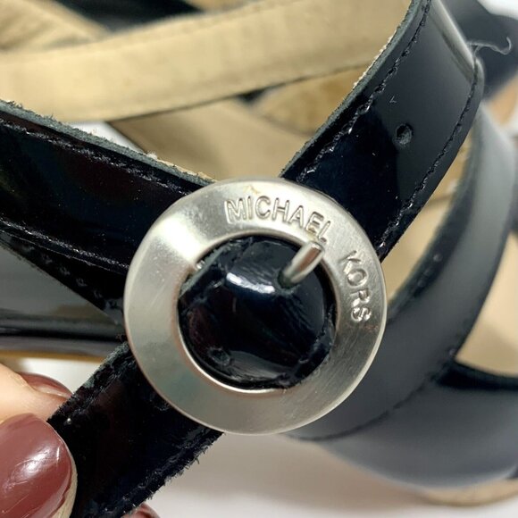 Michael Kors MK Black Patent Leather Strappy Cork Heels Women's Size 6M - Picture 8 of 9